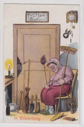 909094 Künstler Ak Karikatur "In Erwartung" Frau schützt sich vor Dieben um 1910