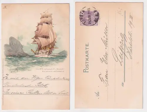 90566 Stadtpost Ak Lithographie S.M. Schulschiff "Stosch" Rio Janeiro verlassend
