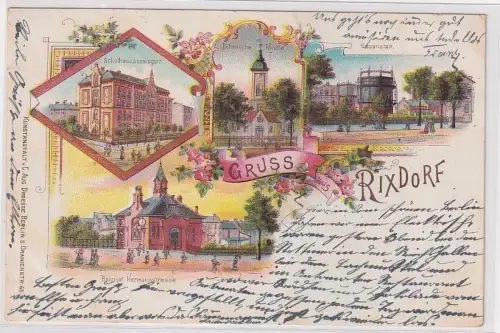 905512 Ak Lithographie Gruß aus Rixdorf Bahnhof, Gasanstalt usw. 1901