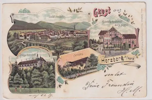 97646 Ak Lithographie Gruß aus Herzberg am Harz Bahnhofsrestaurant usw. um 1900