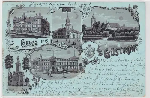 84061 Mondscheinkarte Gruß aus Güstrow Kriegerdenkmal, Post usw. 1903