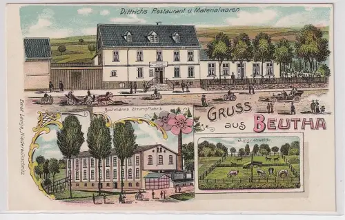 80765 Ak Lithographie Gruß aus Beutha Strumpffabrik, Restaurant usw. um 1910