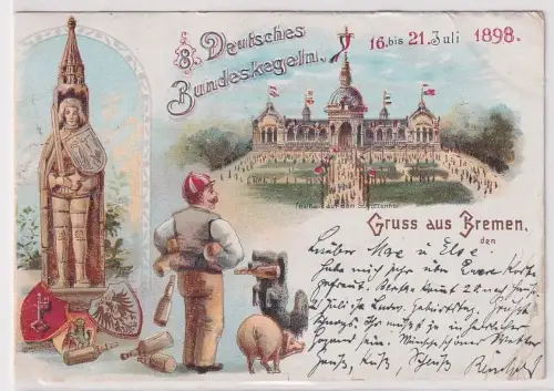 97030 Ak Lithographie Gruß aus Bremen 8.Deutsches Bundeskegeln 1898