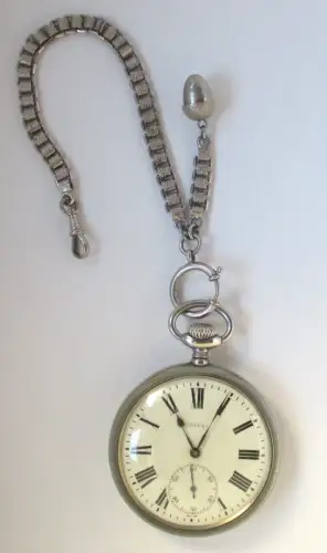 schöne Nickel Herren Taschenuhr Marke DOXA mit Uhrkette (143920)