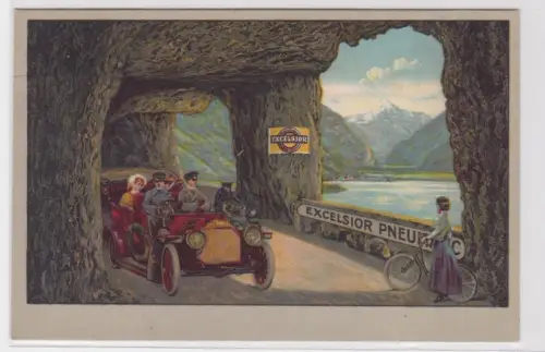 909152 Reklame Ak  Excelsior Pneumatic, Auto udn Fahrrad in Felsentunnel 1912
