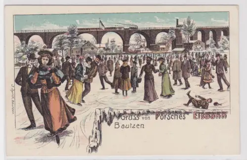 906707 Lithographie Ak Gruss von Porsches Eisbahn Bautzen um 1900