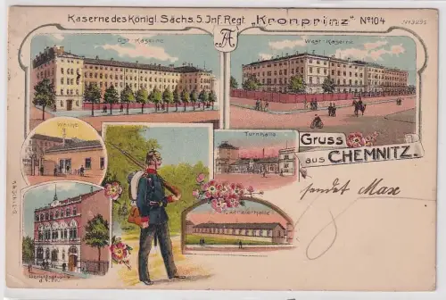 85201 Ak Lithographie Gruß aus Chemnitz Kaserne des K.S.5Inf.Regt.Nr.104
