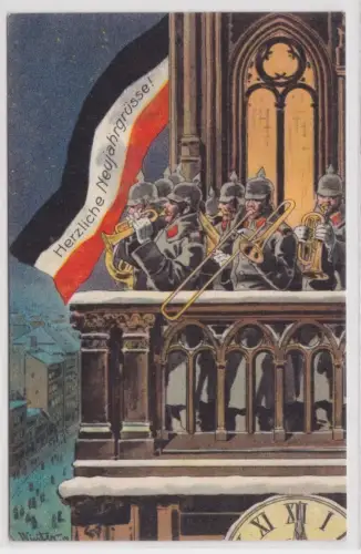 909307 Künstler Ak Herzlichste Neujahrsgrüße! Neujahrsblasen vom Kirchturm