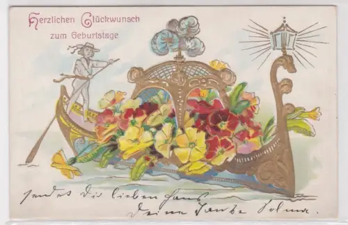 909308 Glückwunsch Ak Herzlichen Glückwunsch zum Geburtstage - Gondel mit Blumen