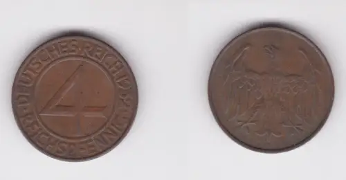 4 Pfennig Kupfer Münze Weimarer Republik 1932 D "Brüning Taler" (163604)