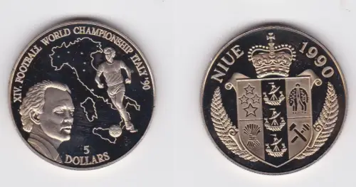 5 Dollar Kupfer Nickel Münze Niue 1990 Beckenbauer Fußball WM in PP (168048)
