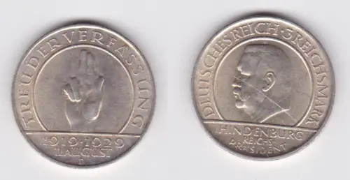 Silber Münze 3 Mark Verfassung "Schwurhand" 1929 D f.vz (164879)