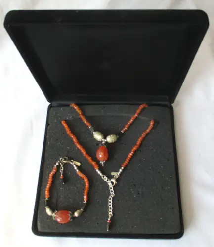 dekorative Kette + Armband aus 925er Silber mit orangen Steinen OVP (112063)