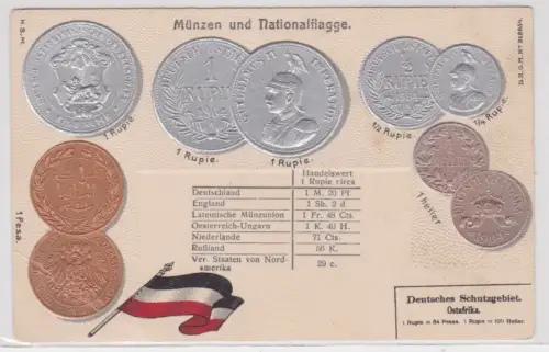 47166 geprägte Ak mit Münzen von Deutsches Schutzgebiet Ostafrika  um 1910