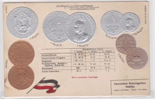 93052 geprägte Ak mit Münzen von Deutsches Schutzgebiet Ostafrika  um 1910