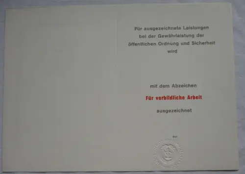 DDR Urkunde für vorbildliche Arbeit Deutsche Volkspolizei blanko (133724)