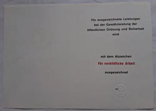 DDR Urkunde für vorbildliche Arbeit Deutsche Volkspolizei blanko (135504)