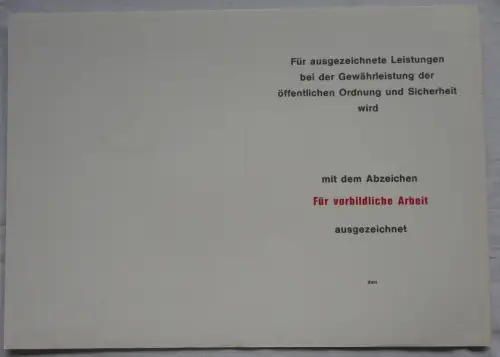 DDR Urkunde für vorbildliche Arbeit Deutsche Volkspolizei blanko (152418)