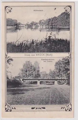 907433 Mehrbild Ak Gruß aus Brück (Mark) Mühlenteich und Eisenbahnbrücke 1911