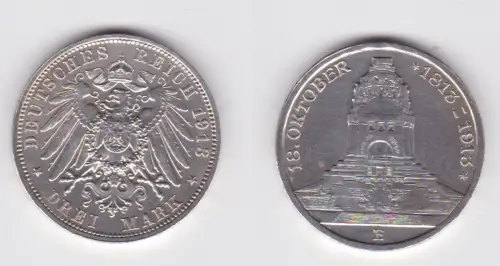 3 Mark Silber Münze Sachsen Völkerschlachtdenkmal Leipzig 1913 f.vz (109488)
