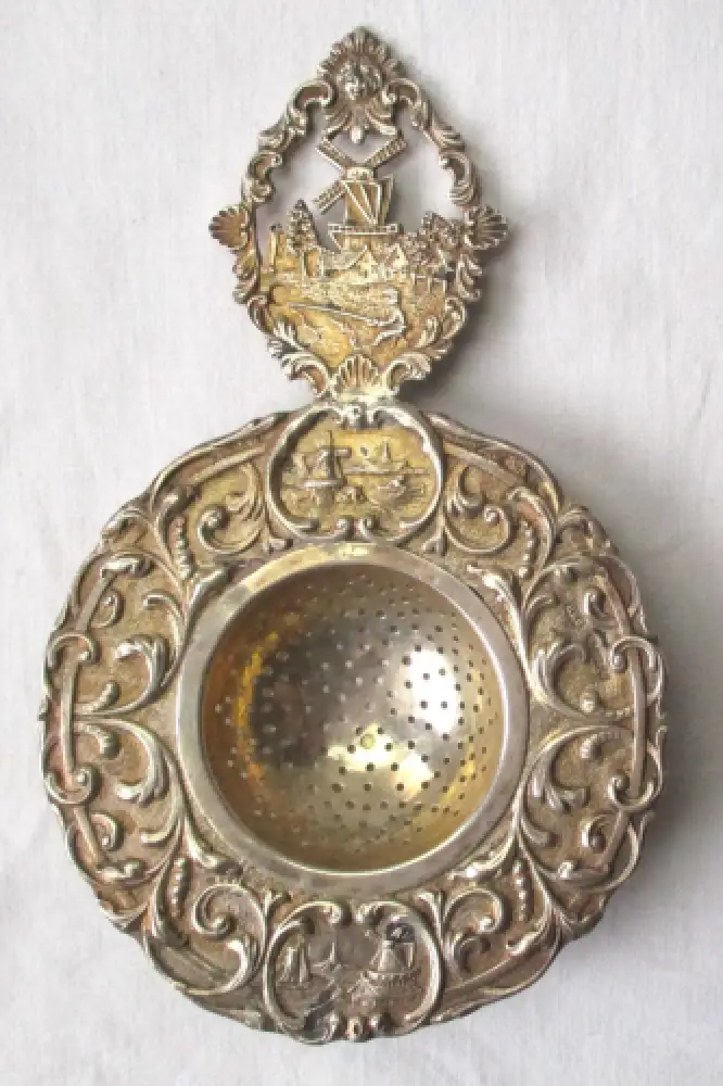 925er Silber Teesieb Holländerwindmühle Landschaftsansichten (116194) 0