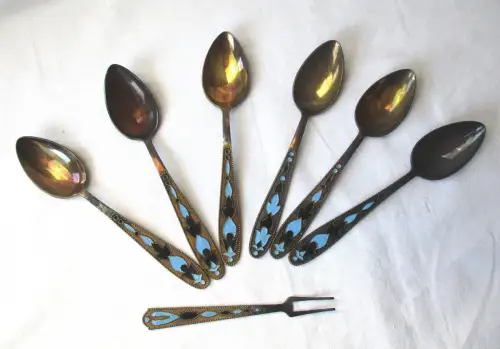 875er Silber russisches Teelöffel Set mit Cloisonné-Emaille Leningrad (103644)