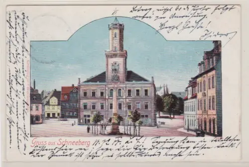 909247 AK Gruss aus Schneeberg. Marktplatz mit dem Rathaus.1901