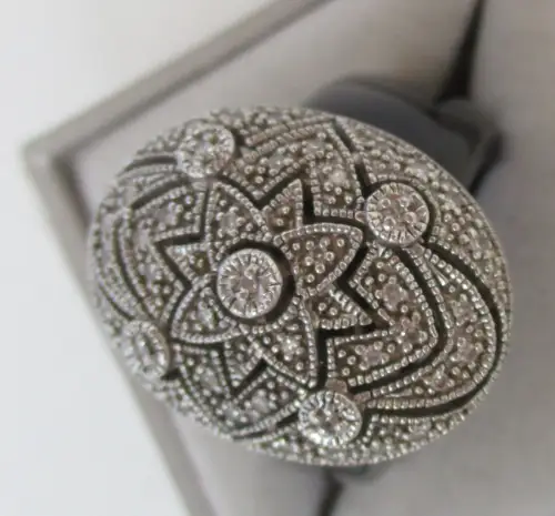 Damen Ring Kuppel 925 Silber mit Diamantsplittern und schwarzes Band (134963)