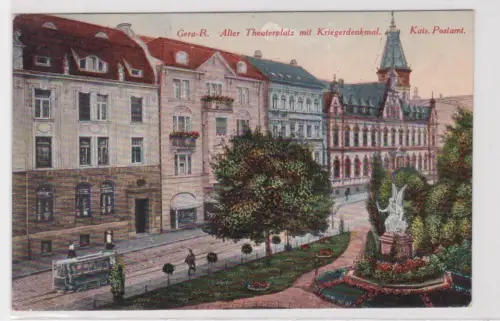 909295 AK Gera-R.Alter Theaterplatz mit Kriegerdenkmal. Kais. Postamt. 1915