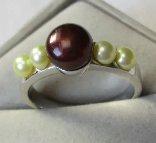 zierlicher 925er Silber Damen Ring mit 4 Perlen und graunem Stein (142624)