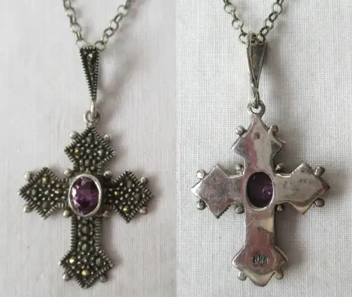 elegante 925er Sterling Silber Kette mit Amethyst Kreuz Anhänger (113341)