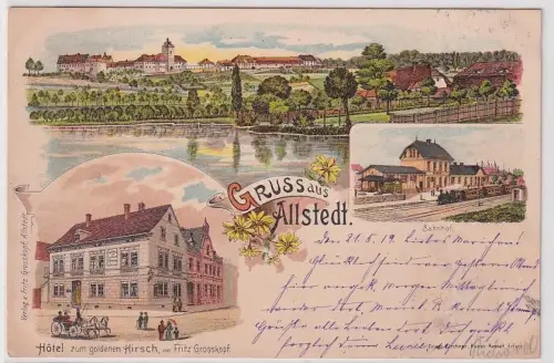 62011 Ak Lithographie Gruß aus Allstedt Bahnhof, Hotel zum goldenen Hirsch 1900