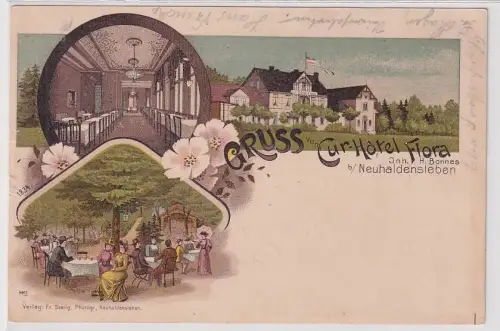 67881 Ak Lithographie Gruß vom Cur Hotel Flora bei Neuhaldensleben um 1900