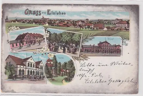 24100 Ak Lithographie Gruß aus Eilsleben Bahnhof, Gasthof usw. 1899