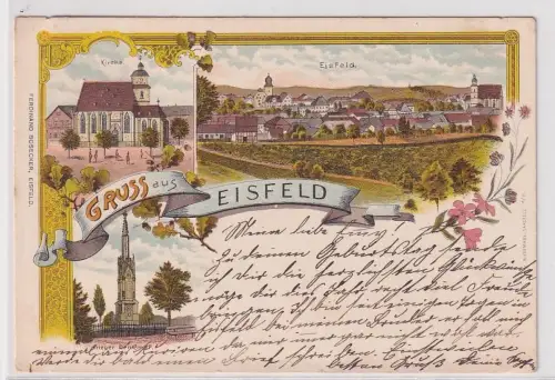 64208 Ak Lithographie Gruß aus Eisfeld Kirche, Kriegerdenkmal usw. 1902