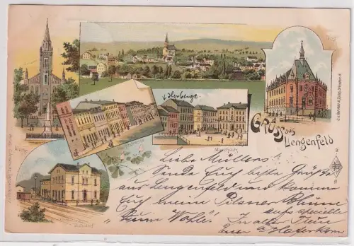 55411 Ak Lithographie Gruß aus Lengenfeld Bahnhof, Post usw. 1897