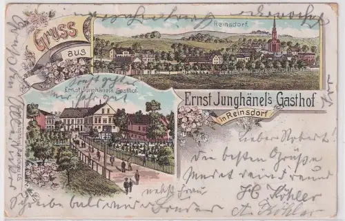 02744 Ak Lithographie Gruß aus Ernst Junghänels Gasthof in Reinsdorf 1900