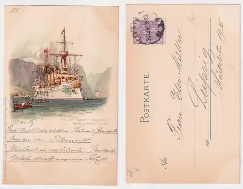 07922 Stadtpost Ak Lithographie Kreuzer "Kaiserin Augusta" norwegischer Fjord 