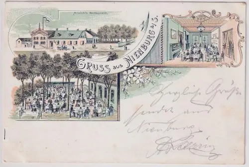 19703 Ak Lithographie Gruß aus Nienburg an der Saale Allrich´s Restaurant 1899