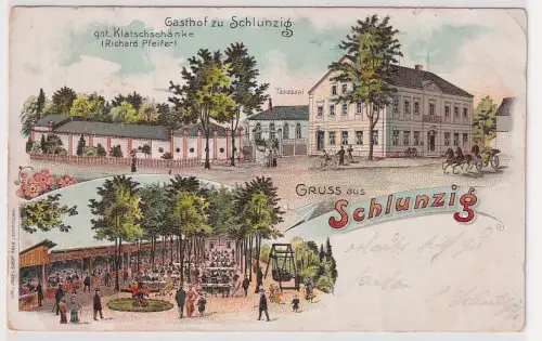 25646 Ak Lithographie Gruß aus Schlunzig Gasthof genannt Klatschschänke 1906