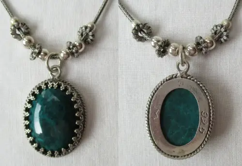 elegante 925er Silber Halskette + Kettenanhänger mit grünem Stein (120458)