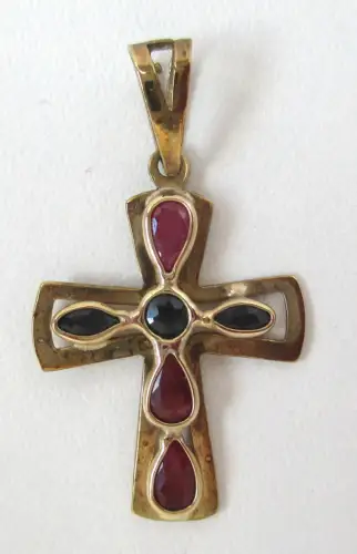dekorativer 333er Gold Ketten Anhänger mit Kreuz mit Rubin & Topas (111174)