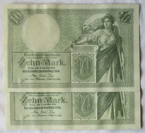 2 x 10 Mark Banknote Reichskassenschein Berlin 6. Oktober 1906 Ro. 27b (167427)