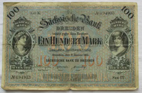 Banknote 100 Mark Sächsische Bank zu Dresden 1911 (124380)