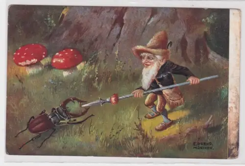43874 Ak Zwerg kämpft mit Hirschkäfer vor Fliegenpilzen um 1910