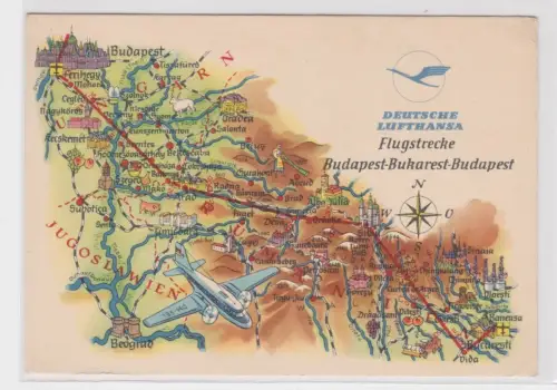 904549 Reklame Ak Deutsche Lufthansa Flugstrecke Budapest-Bukarest-Budapest 1961