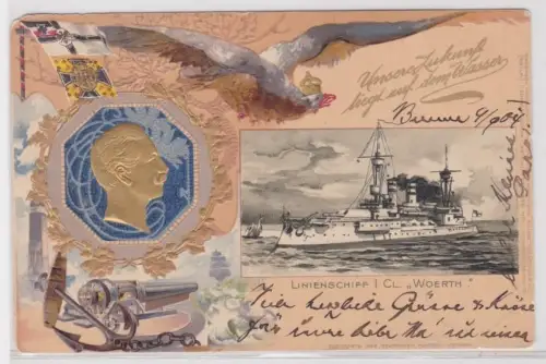 908495 Präge Ak Linienschiff 1.Cl. "Wörth" Kaiser Wilhelm II 1904