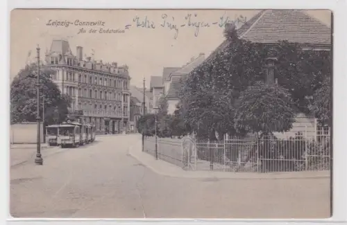 907080 Ak Leipzig Connewitz an der Enstation mit Strassenbahnen 1907