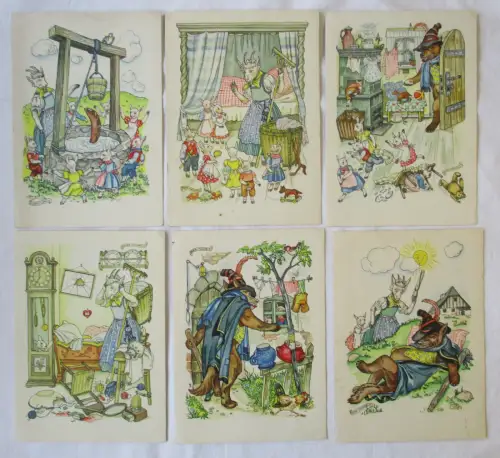 98947/6 x Reklame Ak Indanthren "Der Wolf und die 7 Geißlein" um 1930