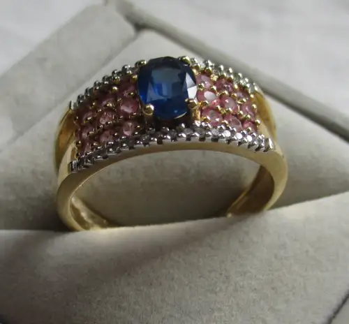 eleganter 585er Gold Damenring mit Saphir, Rubinen und Diamanten (163226)